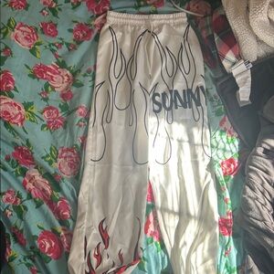 White Joggers with Flame Design